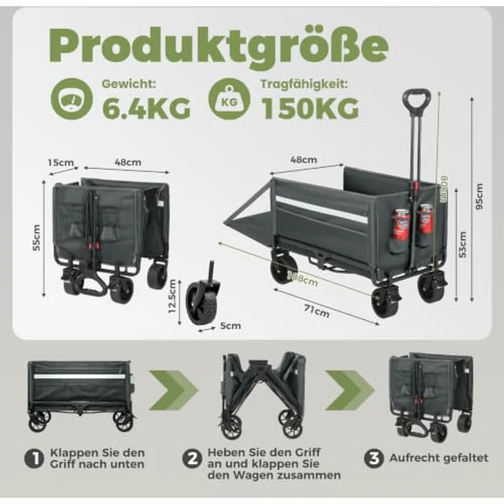 Homecall Bollerwagen Faltbar 120L+, Tragfähigkeit bis 150kg, mit Heckklappe, Regenschutz und Bremsen – Bild 3