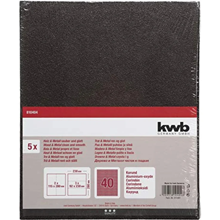kwb 810404 Schleif-Papier Schleif-Bogen Korund für Holz, Metal, Farbe, Lack und Spachtel, 230 x 280 mm, verschweißt 5 Stk. Korn K-40, Made in Europe – Bild 2