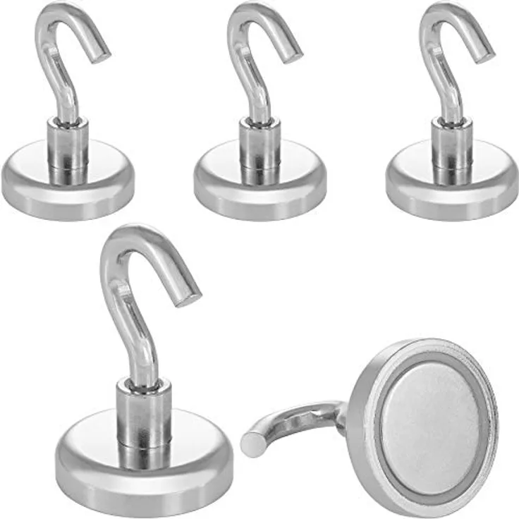 Poppstar 5 Stück Magnethaken extra stark Haftkraft 36 kg, Durchmesser 32mm Neodym Haken-Magnete