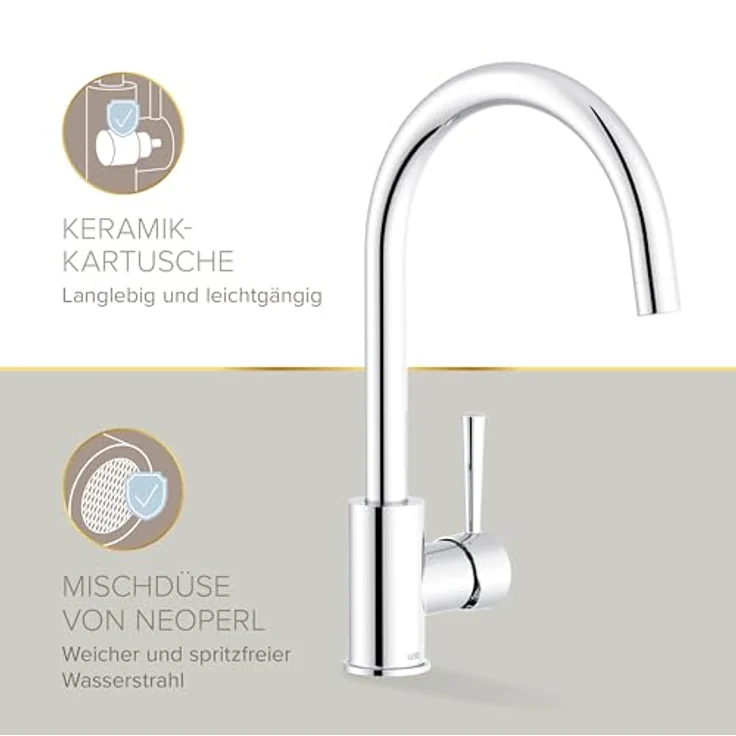 Lenz Küchenarmatur MANA, Chrom mit hoher Schwenkfunktion und spritzfreier Mischdüse – Bild 7