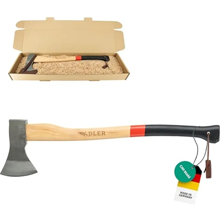 Adler Rheinlandaxt inkl. Lederschutz: Geschmiedete Axt mit C60-Stahlkopf & 70 cm Hickory-Stiel, große Allround-Forstaxt, Rot/schwarz, 1250 g