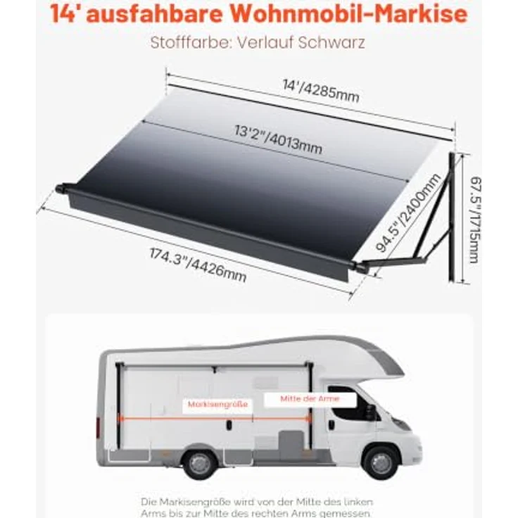 VEVOR elektrische wasserdichte Modulmarkise für Wohnmobile, Seitenmarkise 4285 mm mit Aluminiumrahmen, Farbverlauf Schwarz, verstellbare Schrauben – Bild 7