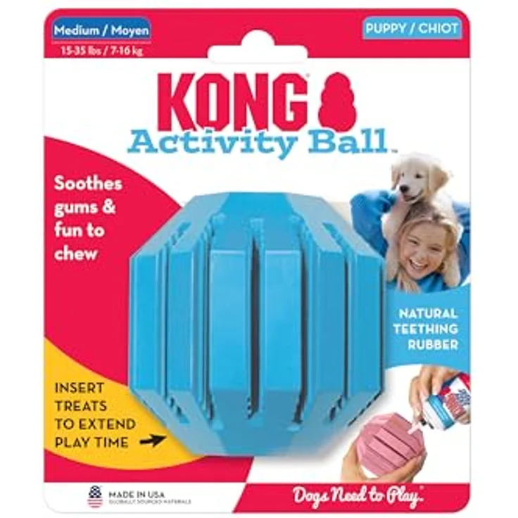 KONG Puppy Activity Ball, Kauspielzeug aus Naturkautschuk für mittelgroße, zahnende Welpen, weich & strapazierfähig, fördert gesundes Kauen, spülmaschinenfest – Bild 1
