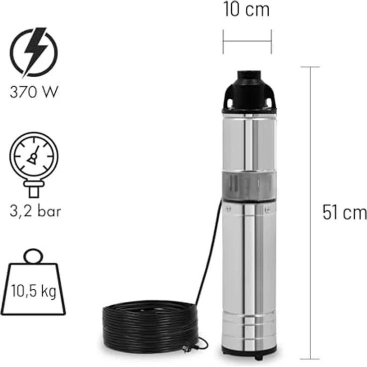 EBERTH 4" Tiefbrunnenpumpe, Elektrisch 370W aus rostfreiem Edelstahl, 15m max. Arbeitstiefe, mit Schmutzsieb und 15m Stromkabel – Bild 2