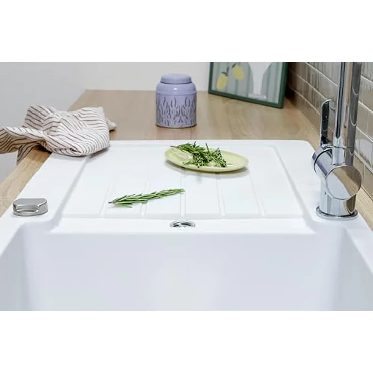Respekta Austin Massivgranit Spüle 86 x 50, hitzebeständig, abgeschrägte Abtropffläche, Einbau- und Unterbaumontage, 1 Becken, für Unterschränke ab 45 cm Breite, Weiß – Bild 5