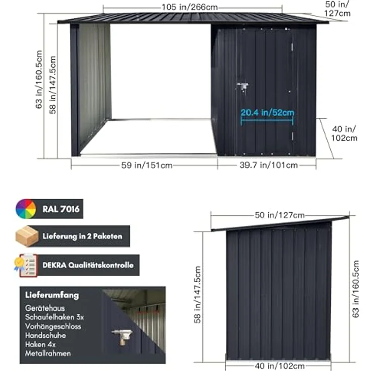 ALBATROS Profi Gerätehaus M – Geräteschuppen mit Holzunterstand für 2,3m³ Holz, verzinktes Metall in Anthrazit (RAL 7016) 366x127x161cm, wetterfester Gerätelager Gartenschrank – Bild 3