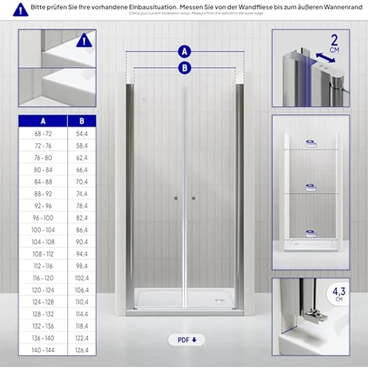i-flair Duschtür 84-88 cm, 195 cm Höhe, mit 6 mm ESG Sicherheitsglas und Hebe-Senk Mechanismus, chromfarbener Griff und Aluminiumprofil – Bild 3
