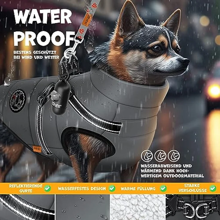 LOVPET® Hundejacke Hundemantel mit Geschirr, inkl. 45 Stück Kotbeutel + Spender, Hunde Winterweste gefüttert wasserdicht, Gepolsterte Weste Mit Brustgurt, Reflektoren, D-Ring 5XL, Anthrazit – Bild 5