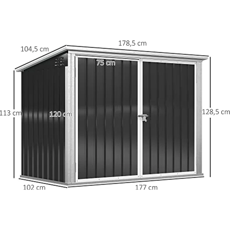 Outsunny Mülltonnenbox Storer abschließbar Gerätebox für 2 Mülltonnen Stahl 178,5 x 104,5 x 128,5/113 cm Schwarz - Wetterfest mit Geruchsverminderung – Bild 3