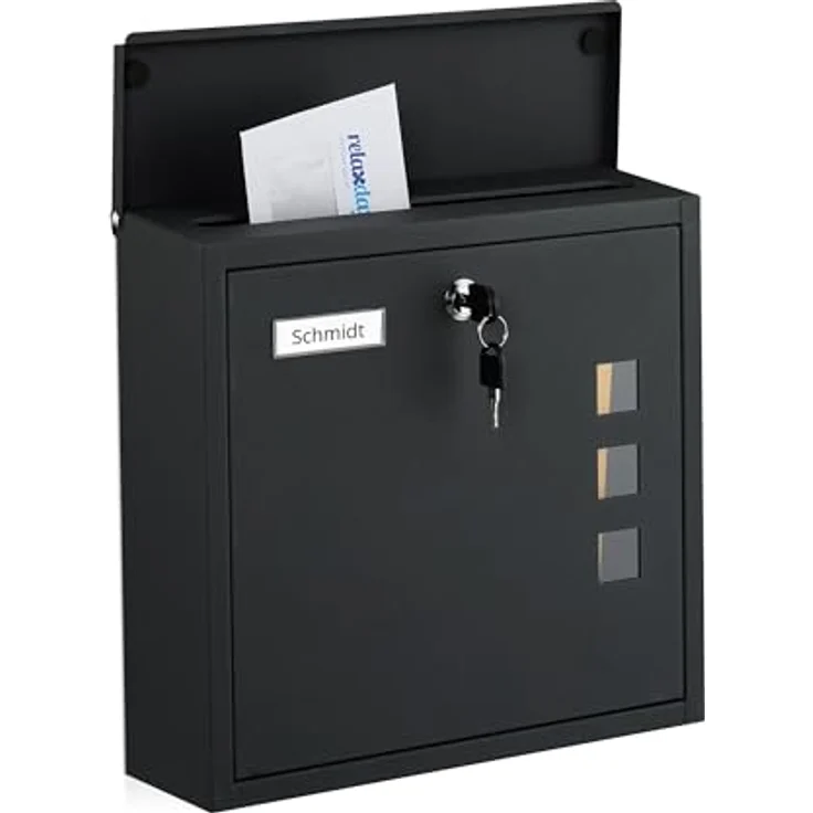 Relaxdays Briefkasten mit Sichtfenstern, Wandpostkasten aus Eisen, HxBxT: 33 x 35 x 12 cm, schwarz, 4 Schlüssel, breiter Einwurfschlitz für DIN C4-Format – Bild 1