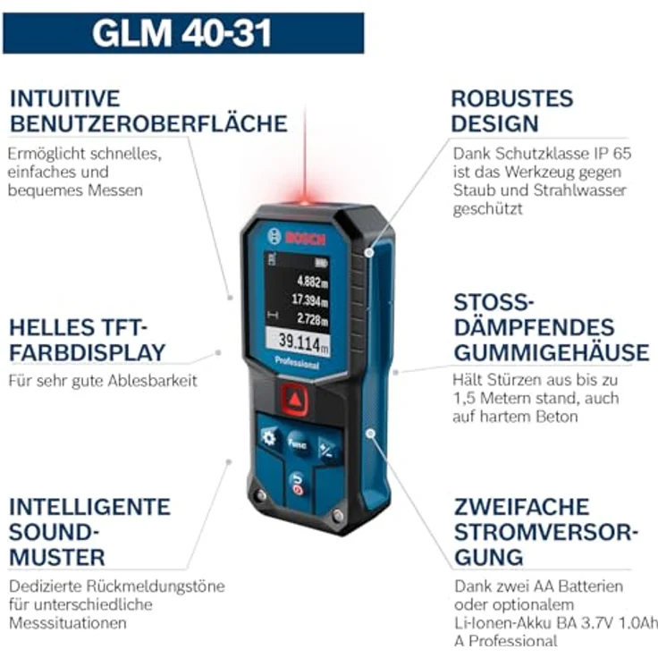 Bosch Professional GLM 40-31, Laser-Entfernungsmesser mit 40m Reichweite, robust und IP65-zertifiziert – Bild 4