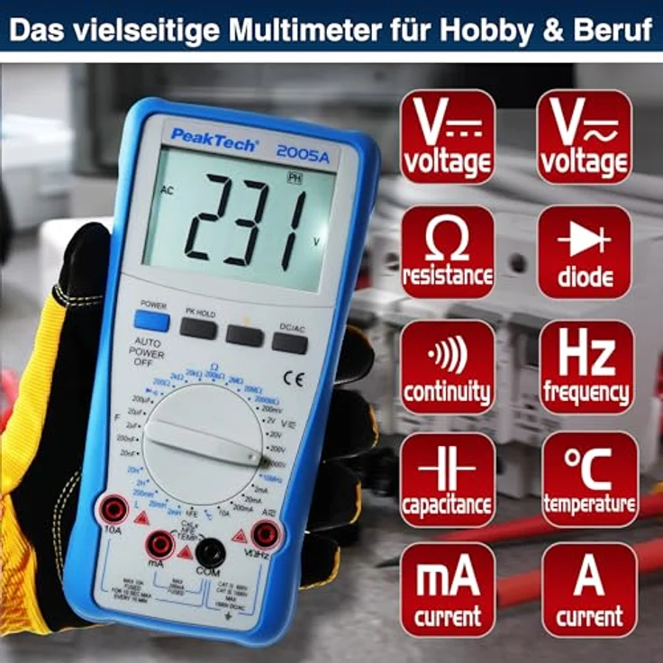 PeakTech Multimeter PeakTech 2005 A: Digital Multimeter mit 2.000 Counts und 1000V AC/DC, doppelt isoliertes Gehäuse, beleuchtetes Display - Schwarz – Bild 3