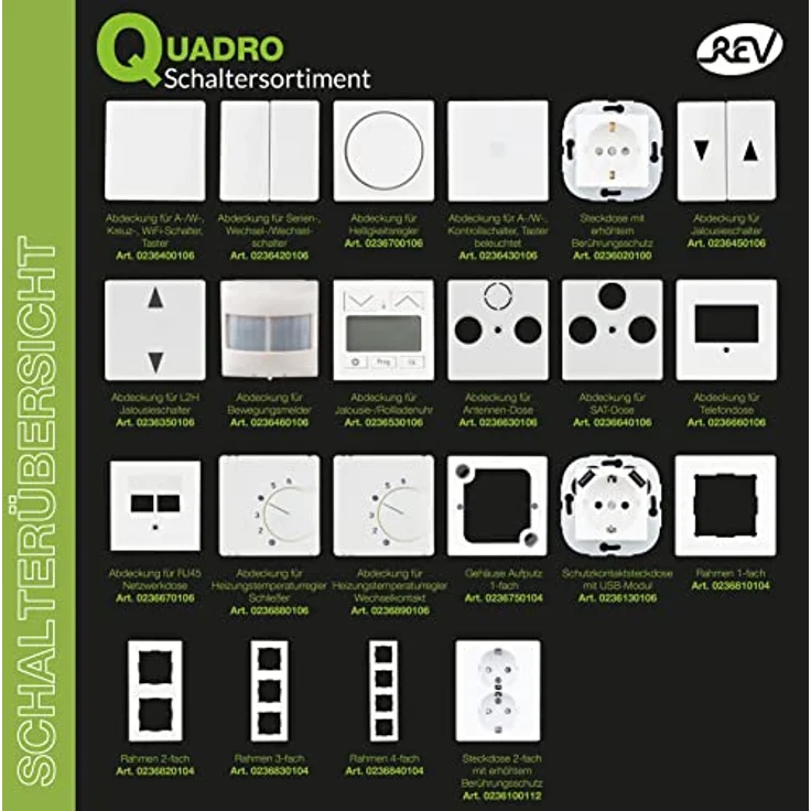 REV Quadro, Abdeckung Serienschalter/Wechsel-Wechselschalter, weiss, aus Kunststoff, 50 x 50 mm, passend für diverse Rahmen – Bild 2
