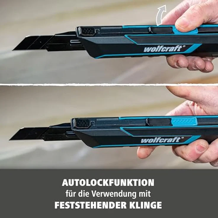 Wolfcraft 4291000 PRO SAFETY Abbrechklingenmesser 25mm, ergonomisches Teppichmesser mit PRO SHARP-Klinge für Links- und Rechtshänder – Bild 4