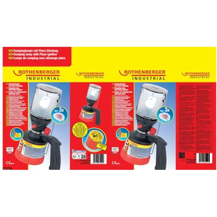 ROTHENBERGER Industrial Scout Campinglampe, mit 3x C200 Supergas Stechkartusche und integrierter Piezo-Zündung, stufenlos regulierbare Helligkeit, vielseitig einsetzbar – Bild 2