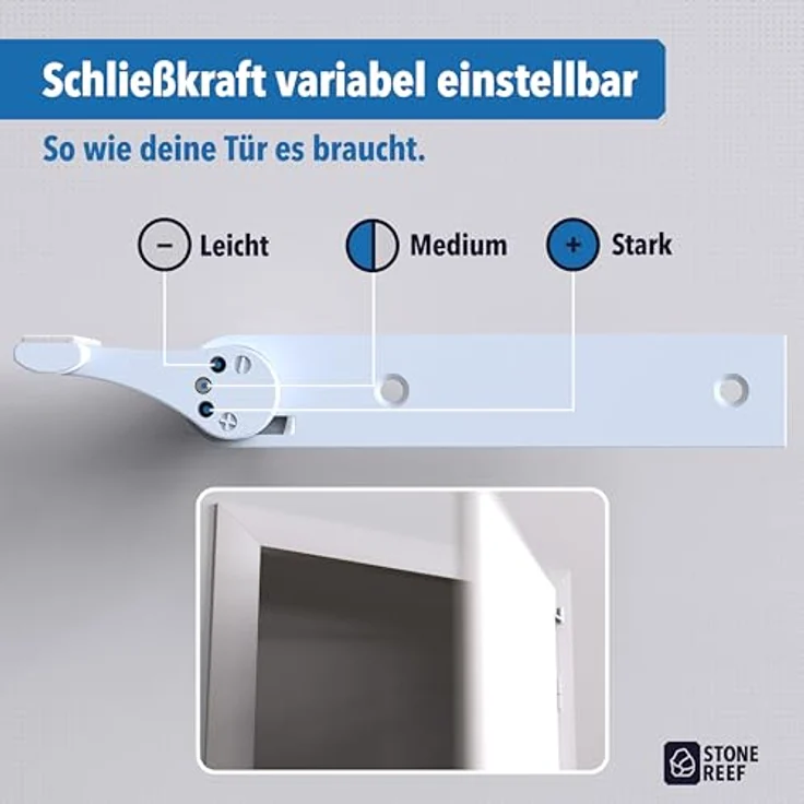 STONE REEF Türschließer für Zimmertüren, ohne Bohren montierbar, variabel einstellbare Schließkraft für Links- und Rechtsanschlagtüren, bis 16 mm Falzstärke, Türdämpfer – Bild 4