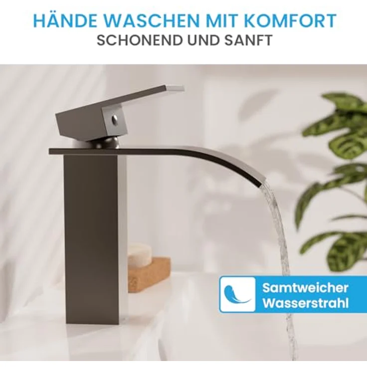 Bächlein Badarmatur Tamina, Wasserfall-Design Einhebelmischer mit Keramikkartusche und Montage-Set, anthrazit – Bild 4