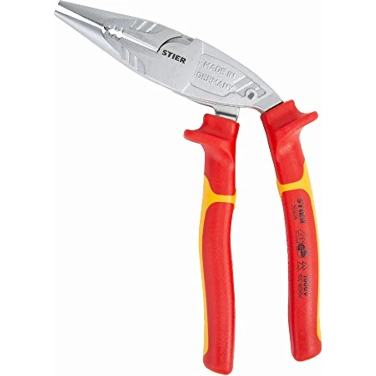 STIER Telefonzange Multi+, 45° gebogen, 200 mm, VDE-geprüft, Multifunktionale Spitzzange zum Greifen, Biegen, Schneiden, 2-Komponenten-Sicherheitshüllen