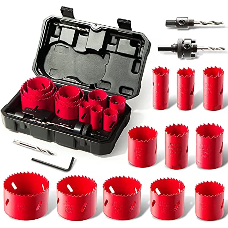 Bi-Metall Lochsäge, HYCHIKA 17tlg Lochsägen Set mit 11 Sägeblättern Ø20mm-68mm, 2 Dornen, 3 Bohrern, 1 Sechskantschlüssel, Ideal zum Bohren von Weichmetall, Holz, PVC-Platte und Kunststoffplatte – Bild 1