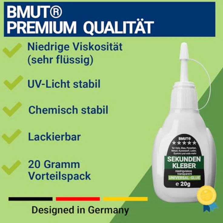 BMUT Sekundenkleber, 20g universell, extra stark & schnell, wasserfest, hitzebeständig, inkl. Dosierspitze & Kappe gegen Austrocknung – Bild 2