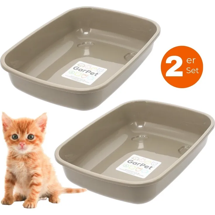 GarPet Katzentoilette Junior 2er Pack, niedriger Einstieg für Kätzchen, bräunlich-grau
