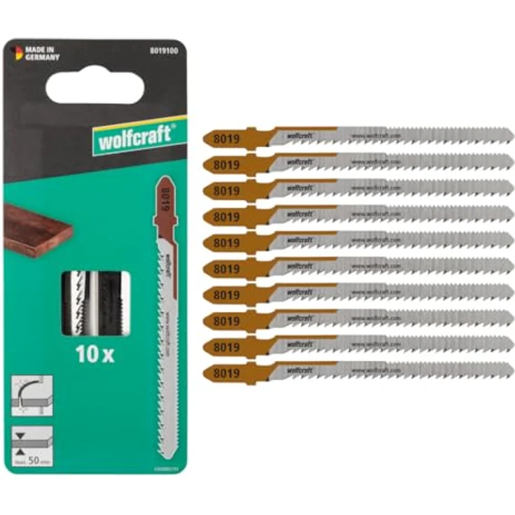 wolfcraft 10 Stichsägeblätter HCS T-Schaft, feiner Kurvenschnitt für Hartholz und Weichholz, Schnitttiefe 50mm, made in Germany, 8019100 – Bild 1