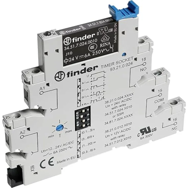 Best Price Square Zeitrelais 38.21.0.024.0060, 24 V DC/AC, schmal für DIN-Schiene, Zeitbereich 0.1-21600 s, 1 Wechsler, integrierte Funktionen