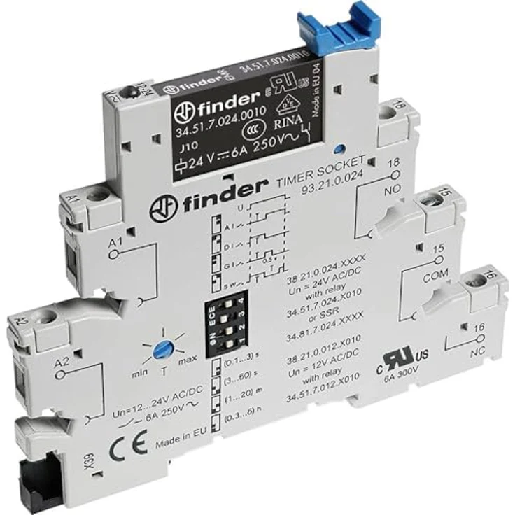 Best Price Square Zeitrelais 38.21.0.024.0060, 24 V DC/AC, schmal für DIN-Schiene, Zeitbereich 0.1-21600 s, 1 Wechsler, integrierte Funktionen – Bild 1
