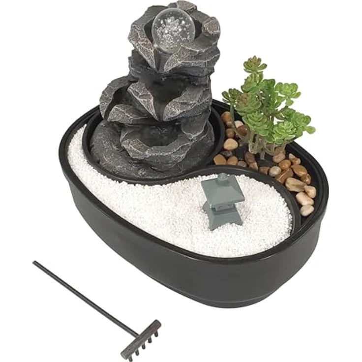 Lemodo Zimmerbrunnen Tischbrunnen mit Zen-Garten, Pumpe mit LED-Beleuchtung, Polyresin, fernöstliches Flair – Bild 6