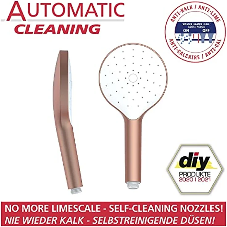 WENKO Duschkopf Automatic Cleaning, Anti-Kalk, runde Universal-Handbrause mit automatischem Reinigungssystem, belebende Regenwasserdusche, handlicher Brausekopf Ø 12 cm im Metallic-Look, ABS Rosé – Bild 2