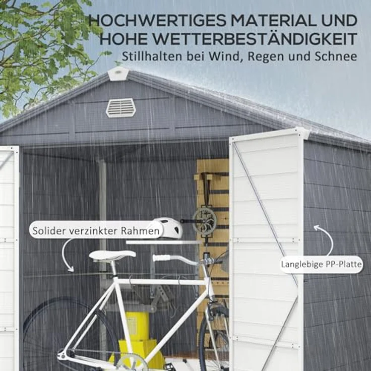 Outsunny Gerätehaus 4,1m³, Gartenhaus mit Pultdach, 240 x 190 x 180/228 cm, Grau, Abschließbare Tür, Fenster, Fahrradgarage, Gartenschrank aus Aluminium – Bild 3