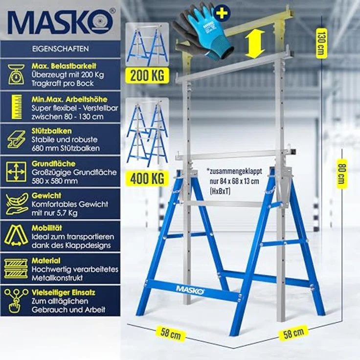 MASKO® Teleskop-Arbeitsbock 2-er Set | Klappbock mit 200 kg Belastbarkeit | Höhenverstellbar 800-1300 mm | Inkl. rutschfester Handschuhe | Blau – Bild 2