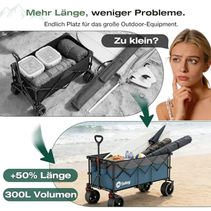 Sekey XXXL Bollerwagen Faltbar, 300L Fassungsvermögen, 200KG belastbar, All-Terrain-Räder 17x10 cm, patentierter 4-Wege-Sofortaufbau, wasserabweisend, Blau mit Grau – Bild 3