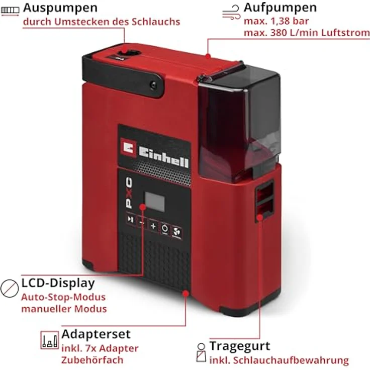Einhell Akku-SUP-Pumpe SUPPERO 18/380 PXC, 18 V, Inflation + Deflation, max. 1,38 bar, 380 L/min, Auto-Stop, inkl. 7 Adapter, ohne Akku – Bild 3