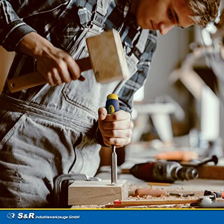 S&R Stechbeitel Set 5 Stück: 6, 12, 20, 25, 32 mm, rutschfeste ergonomische Griffe, hohe Belastbarkeit, Stemmeisen im blau-gelben Koffer – Bild 5