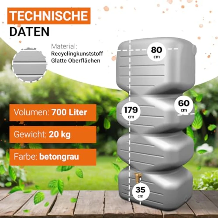 GARANTIA Regentonne CUBUS Komplett-Set 700 L, betongrau, inkl. Auslaufhahn und Fallrohrfilter, kompakte Bauform – Bild 3
