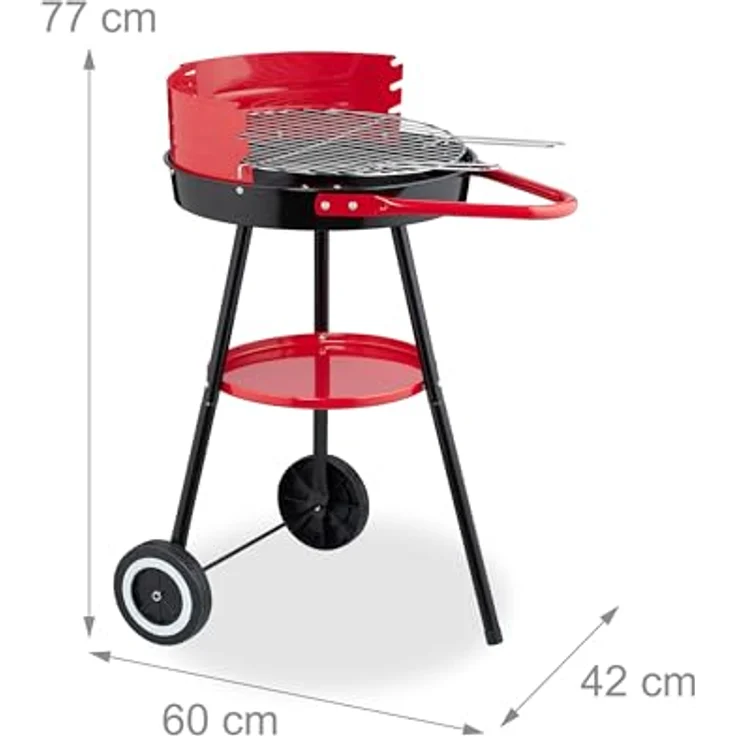 Relaxdays Holzkohlegrill 42 cm mit Rollen, Rundgrill in Schwarz und Rot für bis zu 4 Personen, 3-fach höhenverstellbarer Grillrost – Bild 4