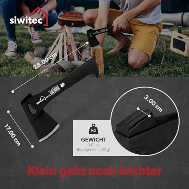 siwitec Camping Axt SN-45, Survival Axt mit 450 Gramm Kopfgewicht, Axt zum Holz spalten mit glasfaserverstärktem Kunststoff-Stiel und C45 Carbon Klinge, Beil – Bild 2