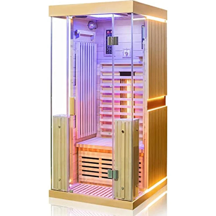 Dewello® Infrarotkabine Infrarotsauna Kingston 90cm x 90cm für 1 Person aus Hemlock Holz mit verstellbarem Vollspektrumstrahler – Bild 3