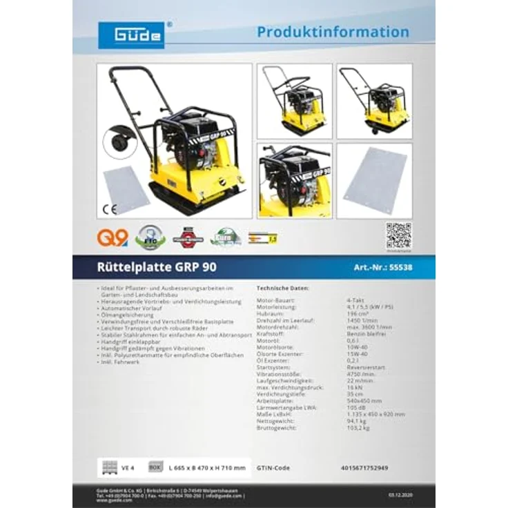55538 Güde RÜTTELPLATTE GRP 90 + Gummimatte& Fahrwerk 5,5 PS – Bild 8