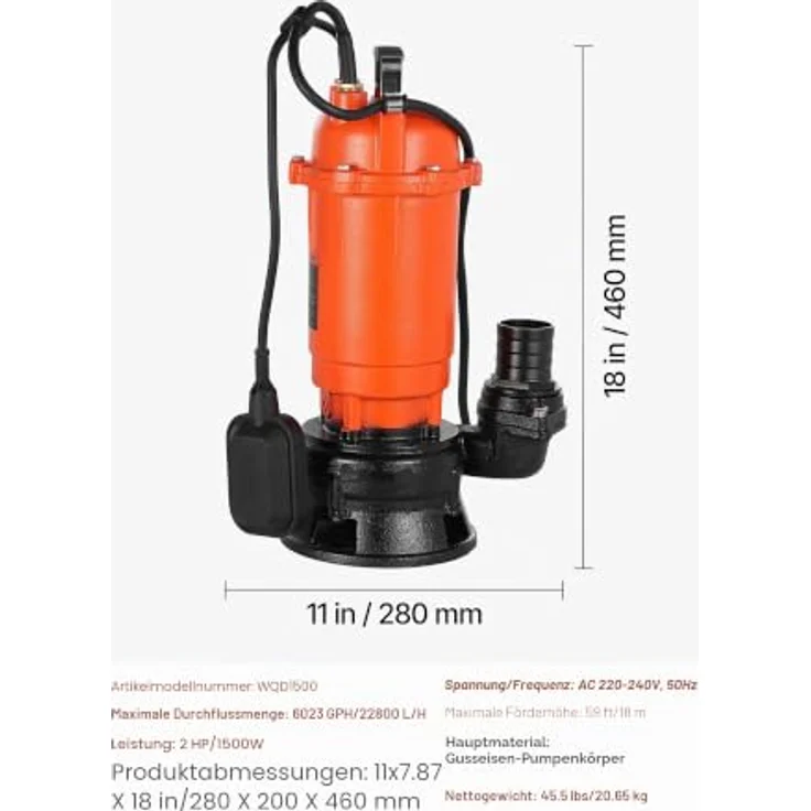 VEVOR 1500W Tauchpumpe WQD1500, 22800l/h, Gusseisen mit IPX8, automatischer Schwimmerschalter, 18m Förderhöhe, optimal zum Abpumpen von Schmutzwasser für Pools und Teiche – Bild 7