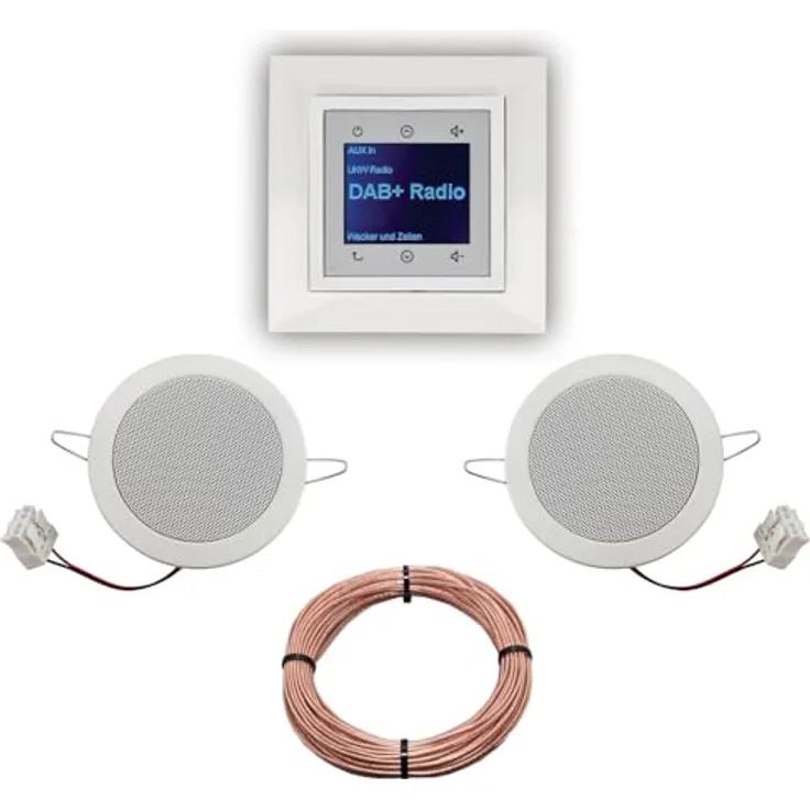 BERKER Unterputz DAB+ Radio 29848989, elegantes Komplett-Set in polarweiß glänzend mit 1-fach Rahmen, 2 Deckenlautsprechern und 20 Meter Lautsprecherkabel