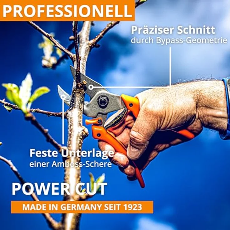 Original Löwe 8 Profi Amboss Gartenschere 8.107 mit Bypass Geometrie - scharfe handliche Schere mit Stahl-Klinge Antihaftbeschichtung und ergonomisch geformte Griffe für Schneidarbeiten im Garten Links- und Rechtshänder klein und mittelgroß – Bild 8