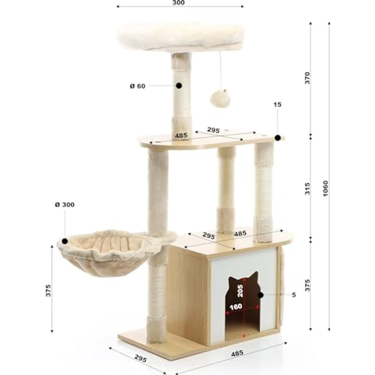 Fudajo Kratzbaum mit Holz in Beige 106 cm hoch, Katzenkratzbaum mit Katzenhaus und Liegemulde, Katzenbaum mit Sisal, Katzenmöbel mit Plüsch – Bild 5