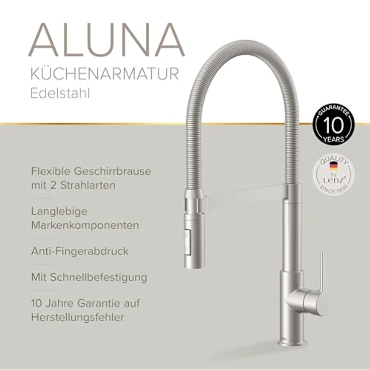Lenz Küchenarmatur ALUNA, Edelstahl-Optik, flexible Geschirrbrause mit 2 Strahlarten, Anti-Fingerabdruck Oberfläche, 360° Schwenkfunktion – Bild 3