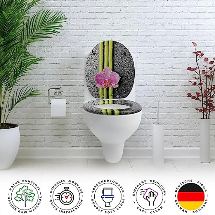 Sanfino WC Sitz Bamboo, Toilettendeckel aus Holz mit Absenkautomatik, grau-schwarz mit Orchideen-Motiv, einfache Montage – Bild 4