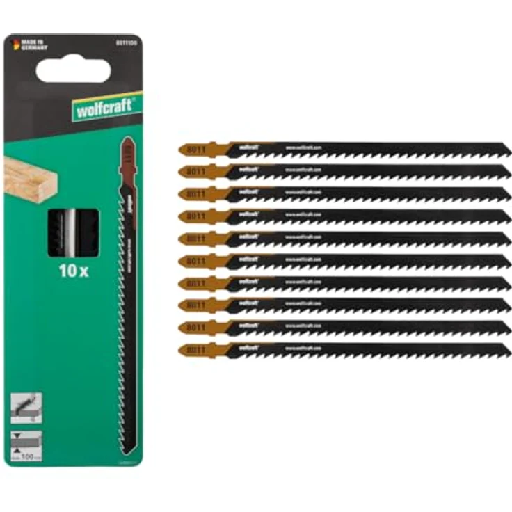 wolfcraft 10 HCS Stichsägeblätter, T-Schaft für Kanthölzer und Weichhölzer, Schnitttiefe 100mm, made in Germany, VPA-zertifiziert – Bild 1