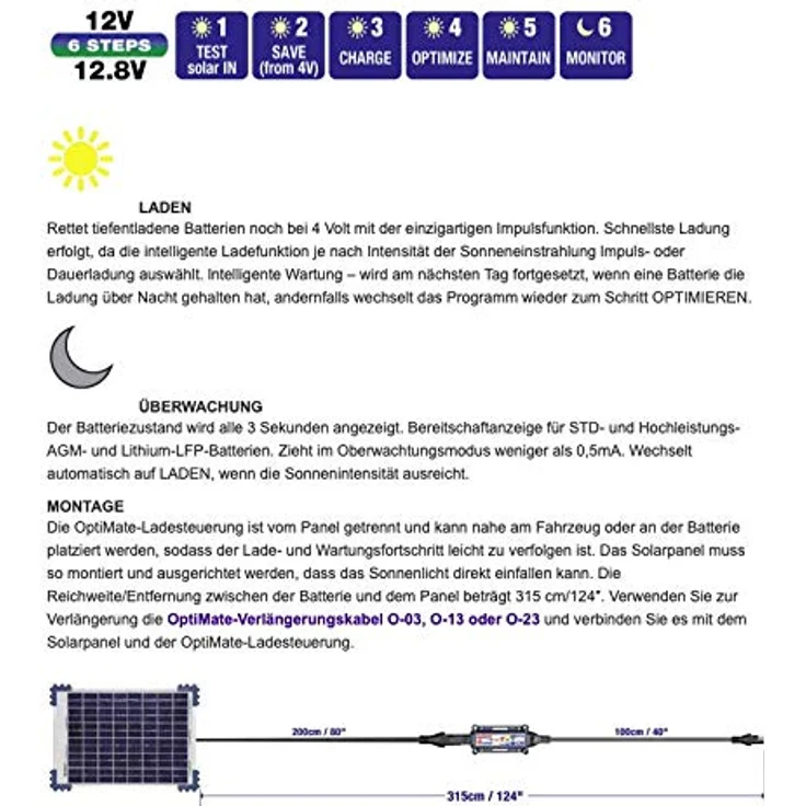 Tecmate Optimate Solar Duo 20W, Solarpanel Reise-Kit mit 6-Stufen Smart-Ladegerät für 12V Blei-Säure- und Lithiumbatterien, wetterfest – Bild 12