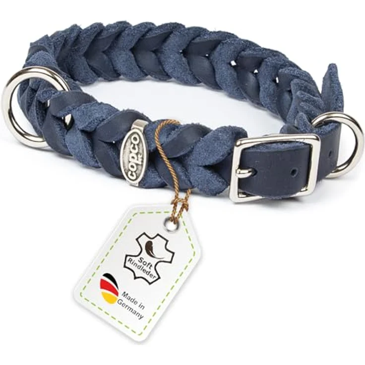 CopcoPet Hundehalsband aus Fettleder, 25–29 cm x 15 mm, geflochtenes Lederhalsband in Marineblau, verchromt mit Dornschließe, robust und verstellbar, ideal für kleine Hunde im Alltag und Training – Bild 1