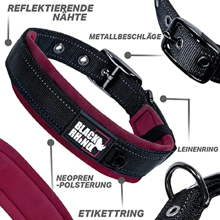 Black Rhino – Das Komforthalsband, superweiches, mit Neopren gepolstertes Hundehalsband für alle Hunderassen – robust, verstellbar, reflektierend, wetterfest (XL, Weinrot/Schwarz) – Bild 3